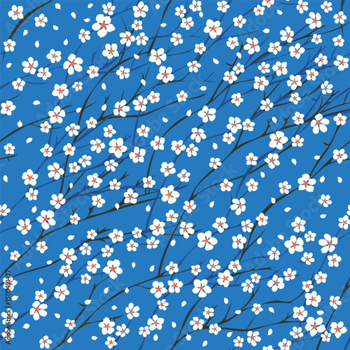 Sakura flower botanical background. Vector seamless pattern. Apple tree and apricot blossom decorative allover print. Fabric and surface pattern design with cherry blossom.