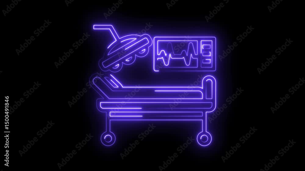 Neon hospital bed ecg monitor and anesthesia machine animation on black background Neon hospital bed ecg monitor and anesthesia machine animation on black background