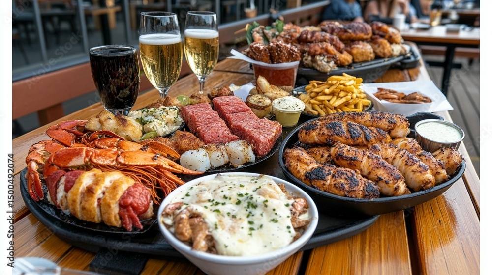 Fototapeta premium A large spread of various seafood, chicken, and sides on a wooden patio. Includes lobster, shrimp, scallops, chicken, french fries, and various sauces