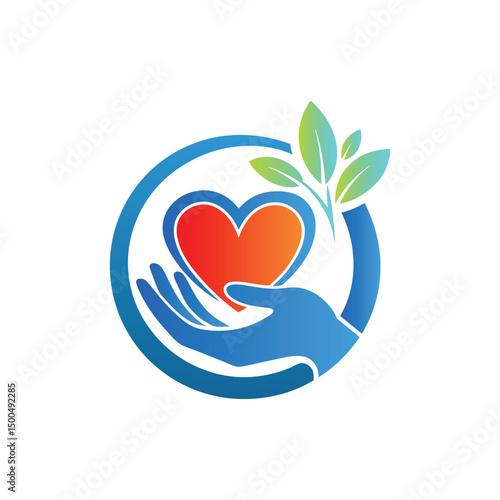 Hands with heart and leaf vector logo template. Charity and donation logotype.
Heart with hands and family vector logo. Health care and medical icon.