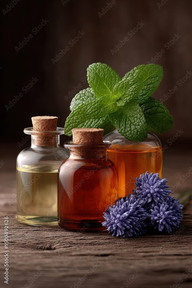 An aesthetic arrangement of essential oil bottles featuring mint and flower accents captured in detail for aromatherapy and wellness An aesthetic arrangement of essential oil bottles featuring mint and flower accents captured in detail for aromatherapy and wellness