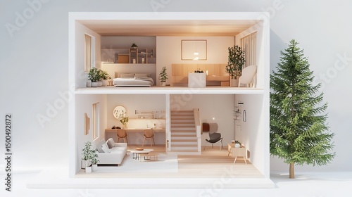 Modern Minimalist Home Interior Design Two Story House Model bed room wood sofa cozy real calm tree 