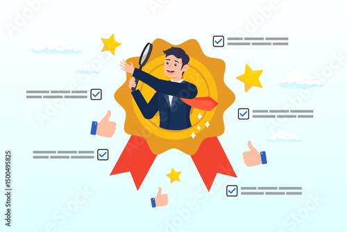 Businessman with magnifier to assure product quality, QA quality assurance or quality control to approve or guarantee customer trust and confidence, policy commitment, customer satisfaction concept