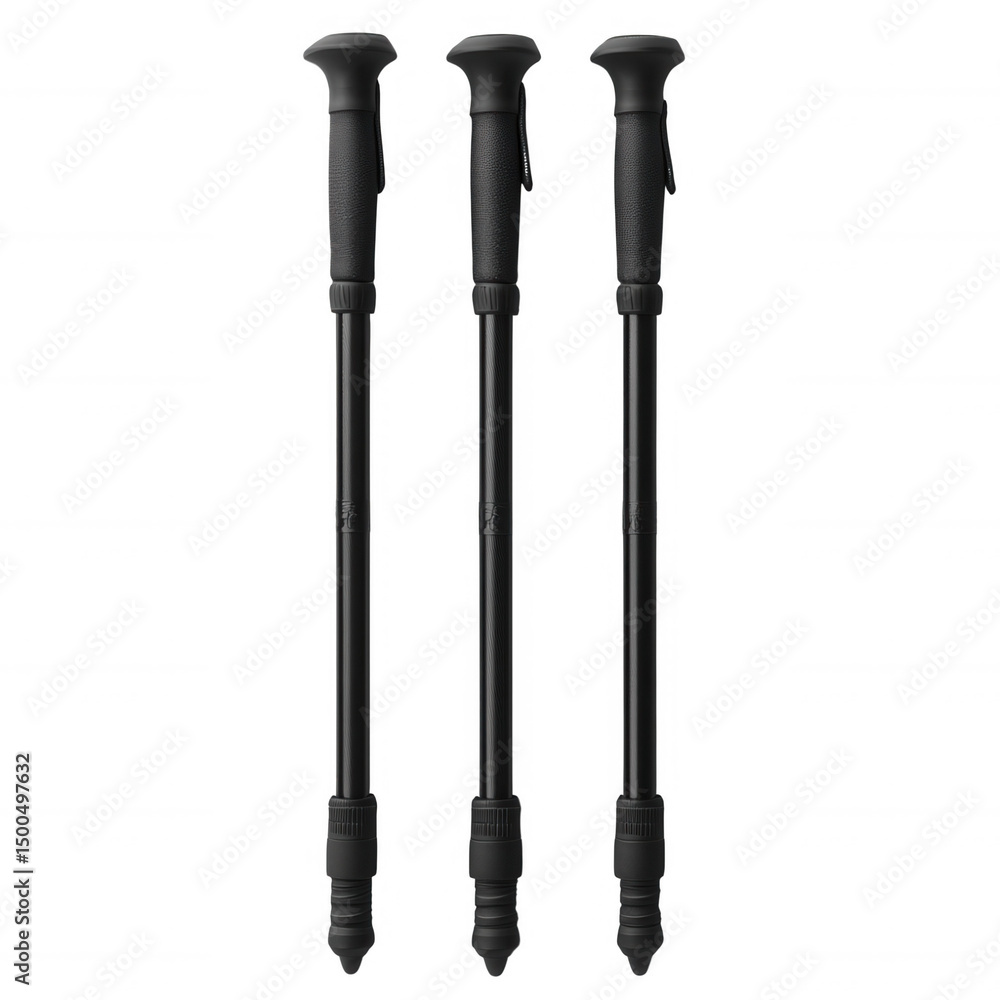 Obraz premium Black trekking poles hiking sticks walking equipment for outdoor adventure and fitness character title on transparent background