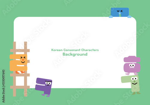 사다리를 오르는 귀여운 한글 자음 캐릭터 초록 배경