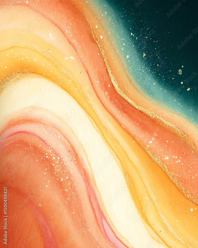 Fototapeta premium An abstract wave of vibrant colors blending seamlessly, showcasing a stunning mix of orange, gold, and teal, perfect for creativity and artistic projects.