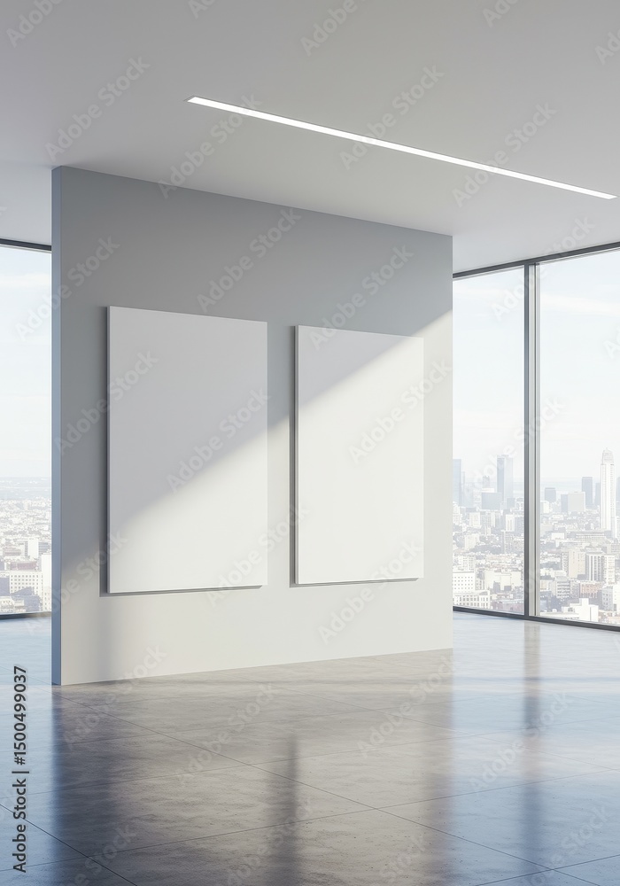 Obraz premium Modern Interior Photo With Two Blank Frames in a Bright Room with City View