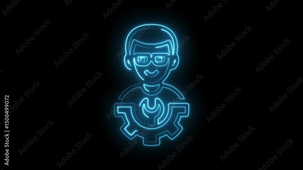 Neon engineer icon rotating above gear wheel symbol on black background animation Neon engineer icon rotating above gear wheel symbol on black background animation
