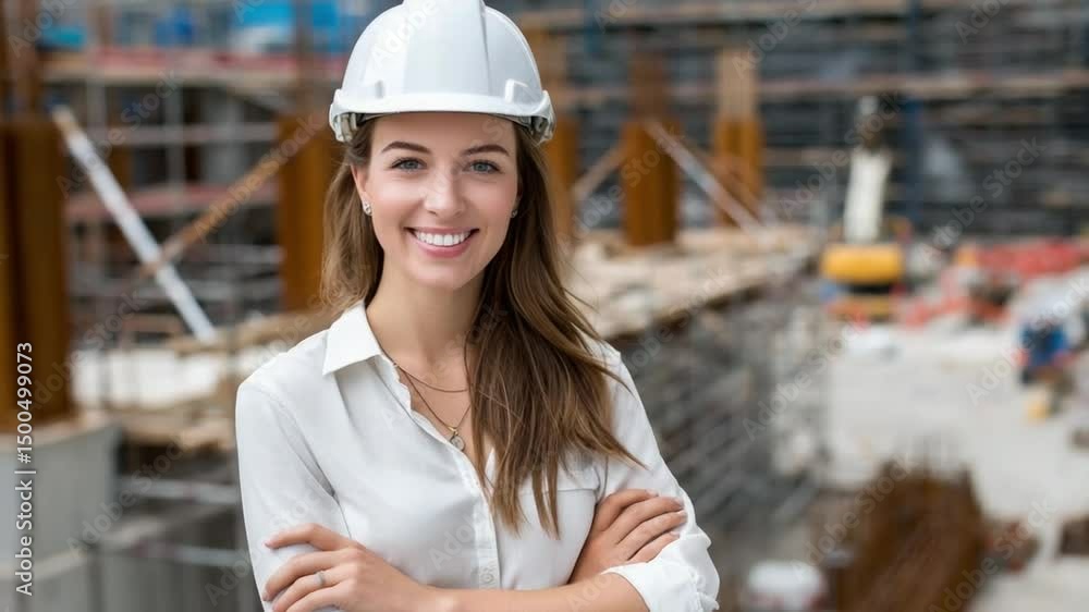 Confident Construction Architect: A determined architect, beaming with confidence, stands proudly on a construction site, symbolizing leadership, precision.