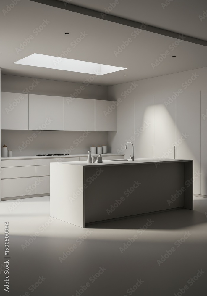 Fototapeta premium Modern Minimalist White Kitchen Interior Design With Bright Sunlight Photo