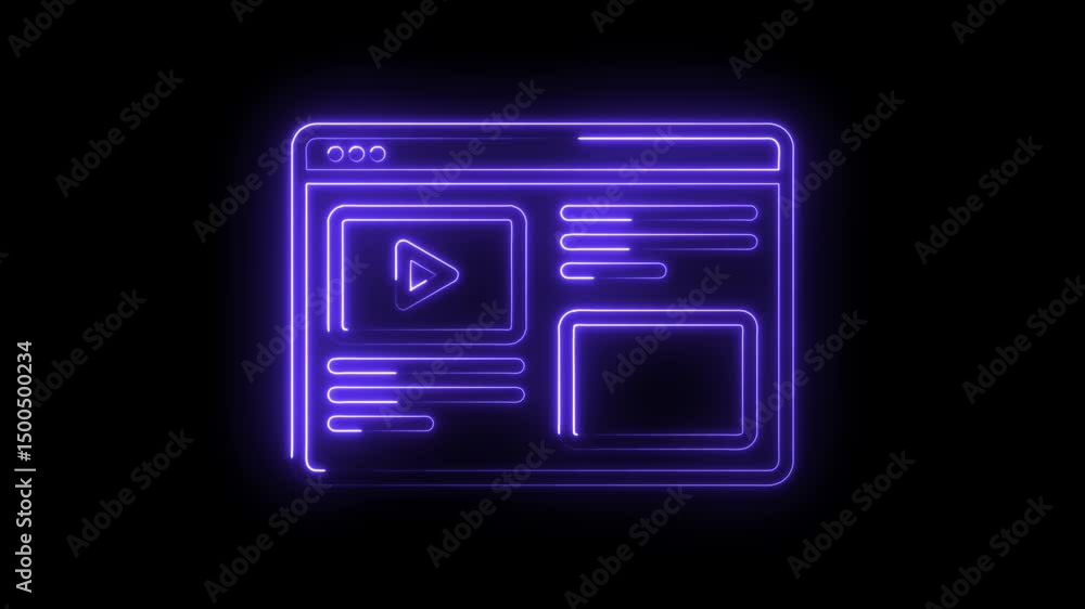 Neon glowing website browser interface with video player on black background animated design Neon glowing website browser interface with video player on black background animated design