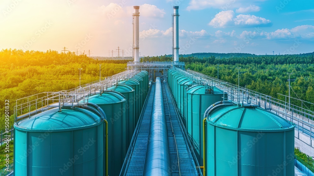 Fototapeta premium Water pipeline leading to a modern renewable energy plant, showcasing sustainable and clean water solutions within a lush green environment