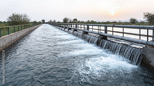 Wallpaper Mural Long water canal with cascading falls and metal railings under a bright sky. Torontodigital.ca