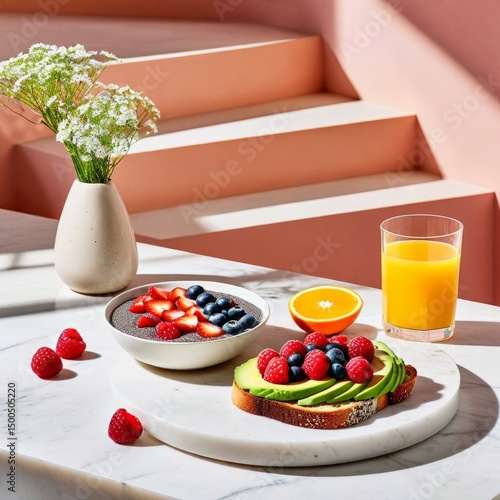 a healthy breakfast setup on a white marble table