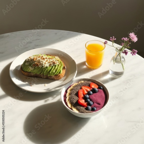a healthy breakfast setup on a white marble table