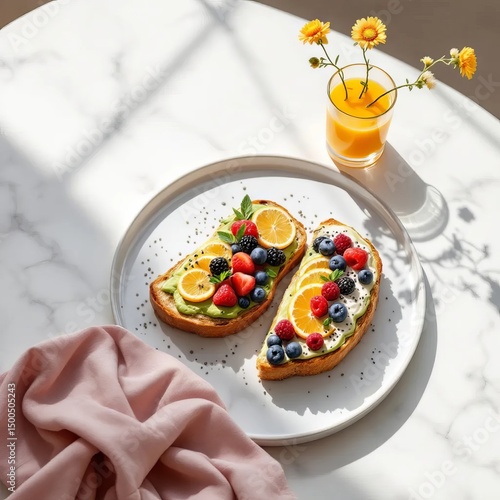 a healthy breakfast setup on a white marble table