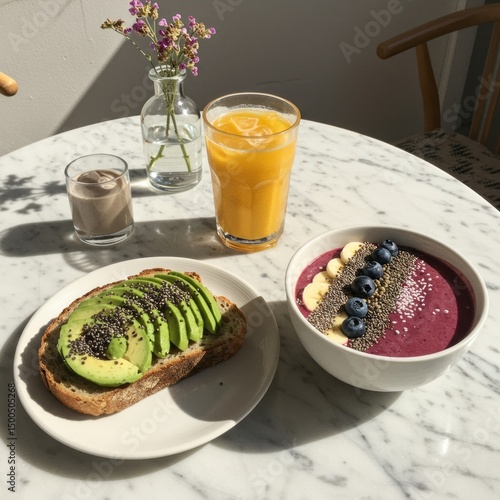 a healthy breakfast setup on a white marble table