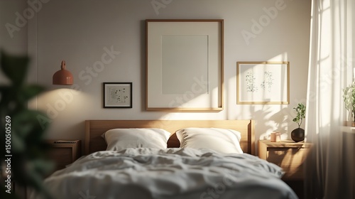 Sunlight Bedroom Interior Design Mockup Wooden Bed Minimalist Style art home cozy calm lamp wall    