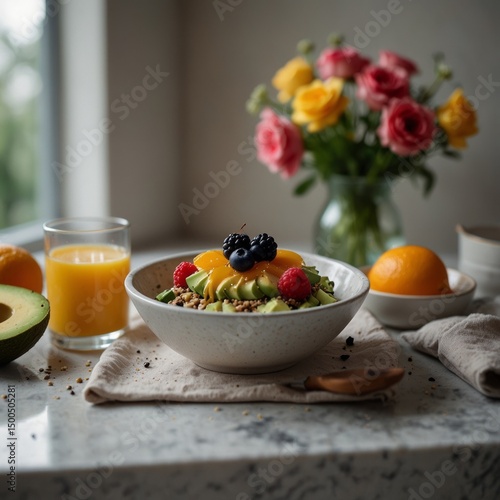 a healthy breakfast setup on a white marble table