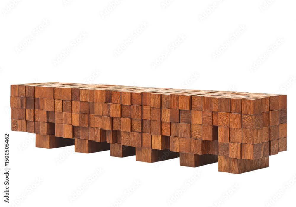 Obraz premium Modern wooden bench crafted from interlocking cubes isolated on a white background, On Transparent Background, Png