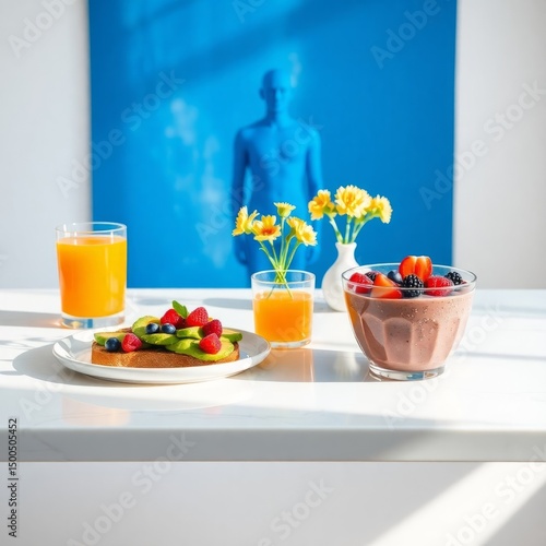 a healthy breakfast setup on a white marble table