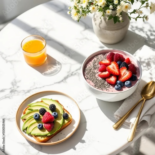 a healthy breakfast setup on a white marble table