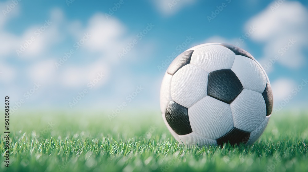 Fototapeta premium Soccer Ball on Grass Field Summer Sky Background Sports Photography