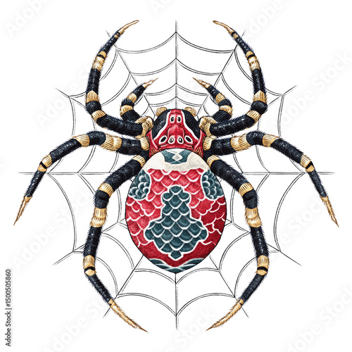 Ornate Spider on Web, Red and Teal Koi Scales