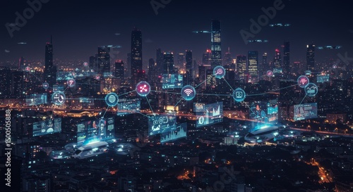 Wallpaper Mural Panoramic Cityscape at Night with Glowing Lights and Digital Data Visualization Photo Torontodigital.ca