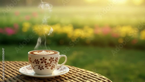 4k video, Steaming cup of coffee placed on a table outdoors with a peaceful natural view seamless looping 4k time-lapse. A steaming cup of coffee with floral design, blurred background, 