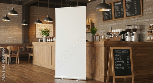 Blank roll up banner in a cafe setting