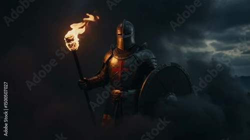 holding a flaming torch, 4k video, Courageous knight wielding a flaming torch amidst thick black smoke Seamless looping 4k time-lapse virtual video, knight in full plate armor and a helmet, 