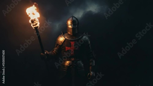 holding a flaming torch, 4k video, Courageous knight wielding a flaming torch amidst thick black smoke Seamless looping 4k time-lapse virtual video, knight in full plate armor and a helmet, 