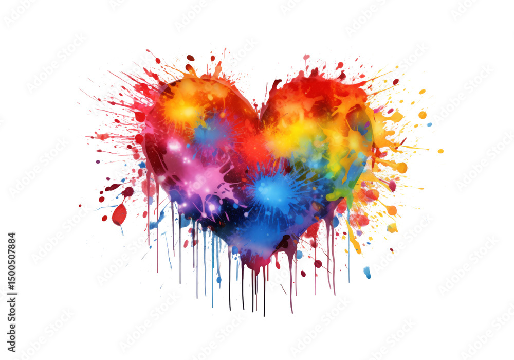Fototapeta premium Colorful heart shaped paint splatter isolated on a white background, On Transparent Background, Png