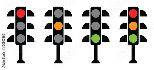 Traffic Light Icons Set – Red, Yellow, Green, and LED Signals in Flat and Simple Design.