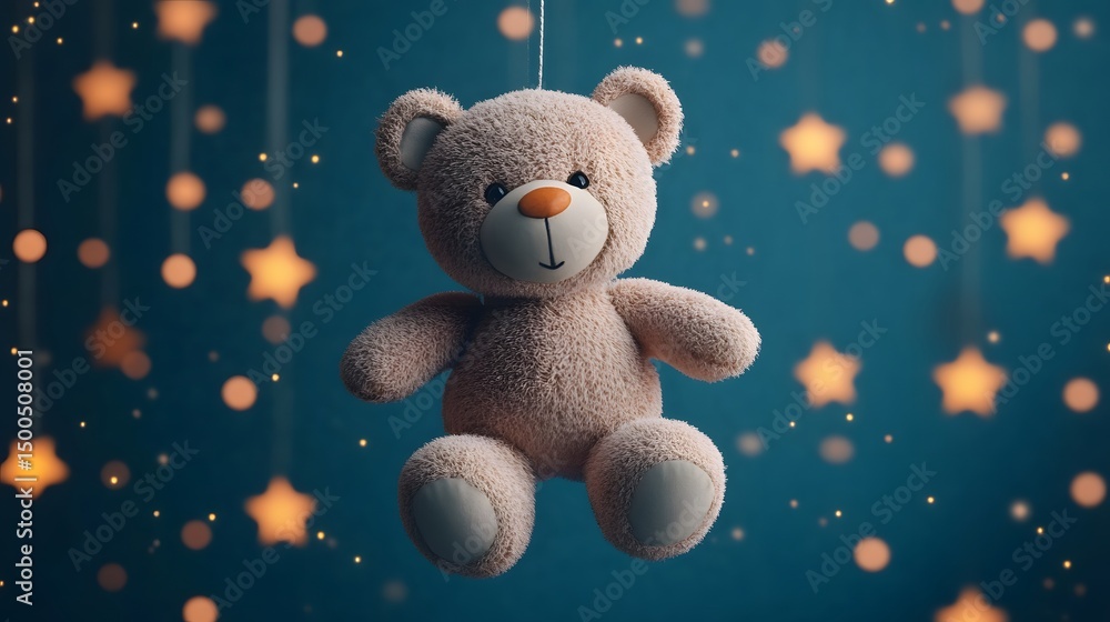 Floating teddy bear amidst glowing stars in a dreamy fantasy scene Floating teddy bear amidst glowing stars in a dreamy fantasy scene