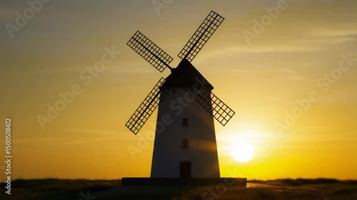 Majestic windmill vibrant sunset sky. Rustic charm meets natural beauty.Seamless looping 4k time-lapse virtual video animation background. 4k video, a windmill in a field of tall grass at sunset, 