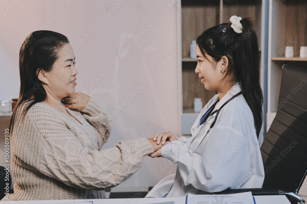 Medicine doctor hand reassuring her female patient Medicine doctor hand reassuring her female patient