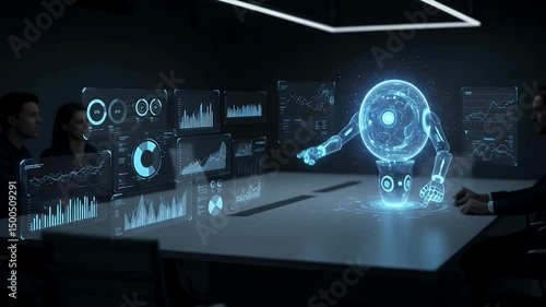 Futuristic meeting room with holographic data and robot figure