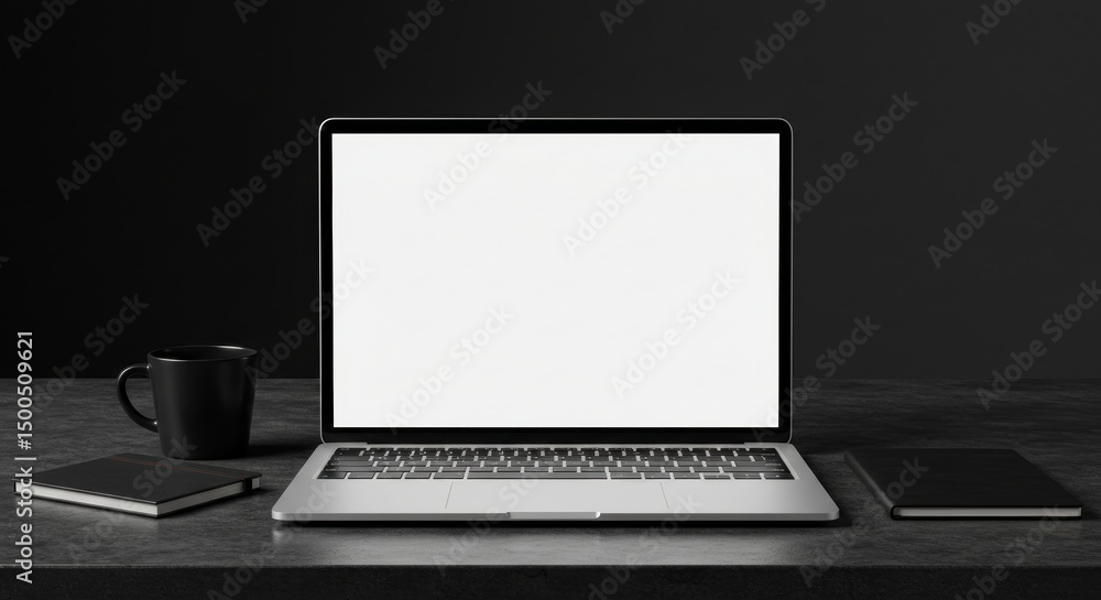 Fototapeta premium Laptop computer mockup on desk dark mood