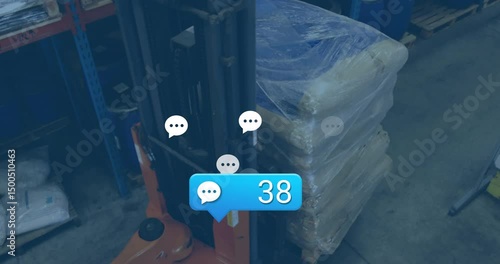 chat bubbles updating count on pallet as operator climbing onto truck steering load tracking stock