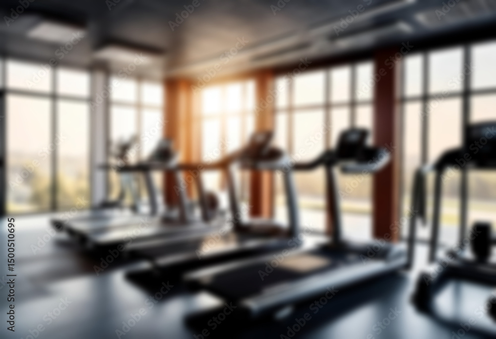Fototapeta premium Abstract blurred fitness gym with equipment in the background, little sunlight coming in, blurry gym interior.