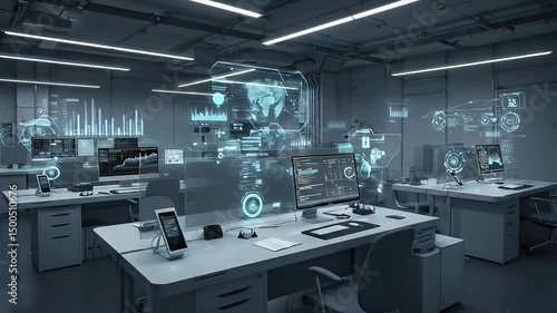 Futuristic technology office interior featuring modern workspaces and digital displays
