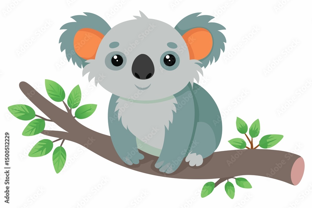 Naklejka premium Koala Tree Branch Grey Fur Cute Animal Cartoon Digital Art
