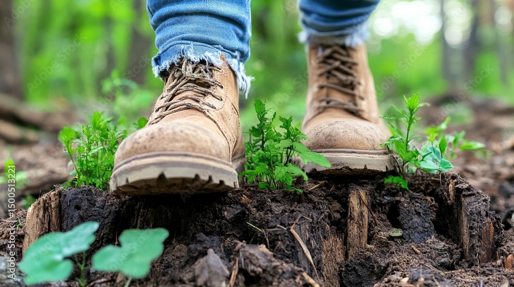 Close-up of person's feet in hiking boots stepping over a tree stump in a forest. A close-up of hiking boots on a forest trail Close-up of person's feet in hiking boots stepping over a tree stump in a forest. A close-up of hiking boots on a forest trail