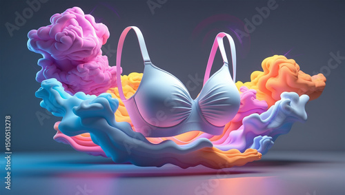 Floating Bra Mockup with Colorful Smoke and Abstract Background