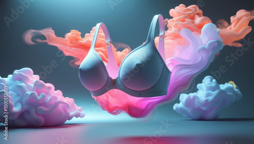 Floating Bra Mockup with Colorful Smoke and Abstract Background