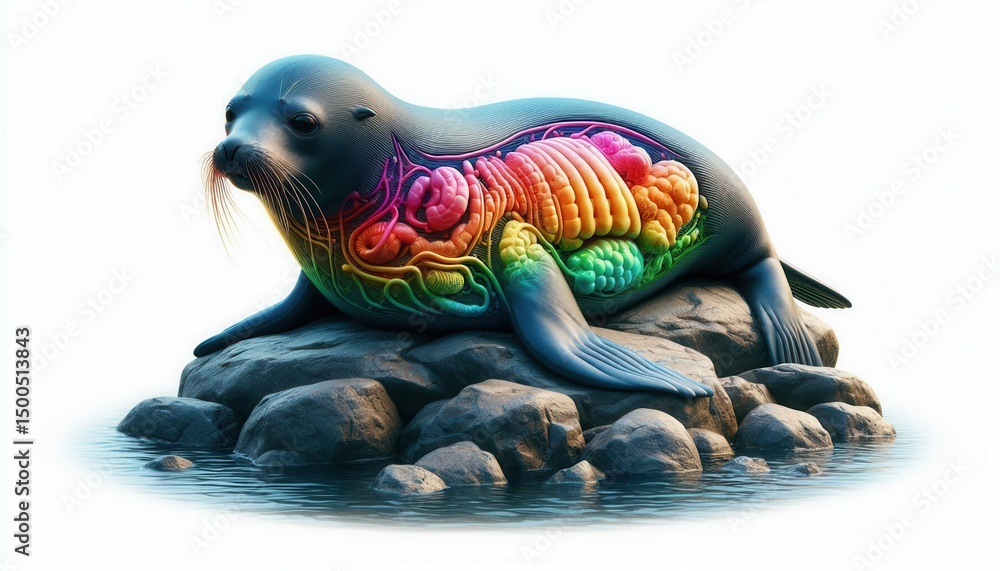 Fototapeta premium Exploring the intricate anatomy of a seal coastal rocks digital art vibrant environment side view marine biology concept