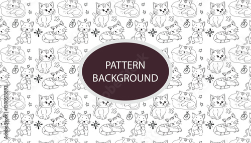 Kawaii kitten pattern background design. banner with black cat heads and paw. Сhildish pattern with cute cats, kids print. Animal background, cute vector texture for kids bedding, fabric, wal