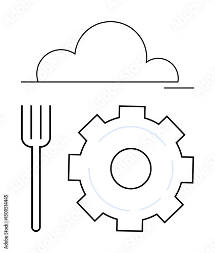 Cloud interacts with a gear and a fork, combining technology, meal service, and automation. Ideal for digital innovation, system management, food tech, cloud solutions, operational efficiency